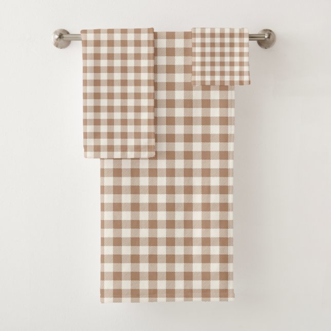 Boho Gingham Pattern Plaid Checkered Tan Brown Badhandtuch Set (Insitu)