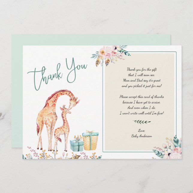 Boho Giraffe Baby Shower danke Ihnen Gedicht zur K Einladung (Vorne/Hinten)
