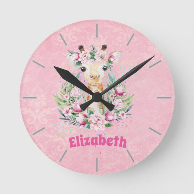 Boho Giraffe-Blume: Mädchen, Teens Geschenke Runde Wanduhr (Vorderseite)