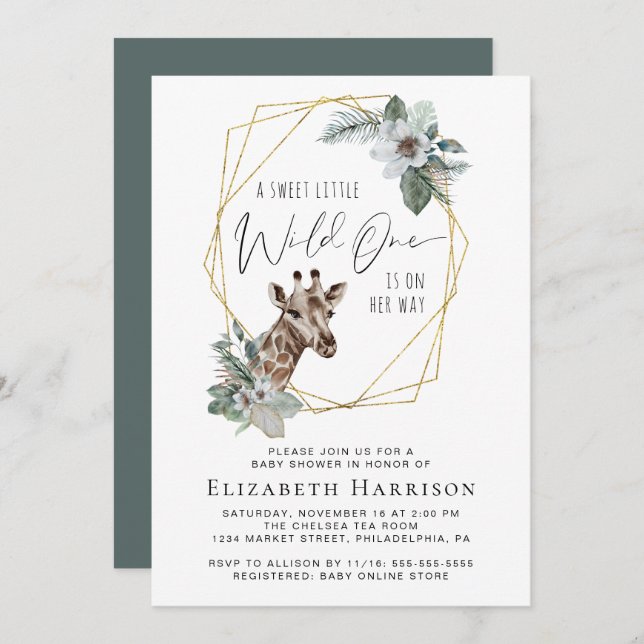Boho Giraffe Floral Watercolor Babydusche Einladung (Vorne/Hinten)
