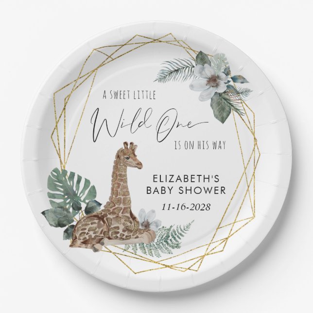 Boho Giraffe Watercolor Babydusche Pappteller (Vorderseite)