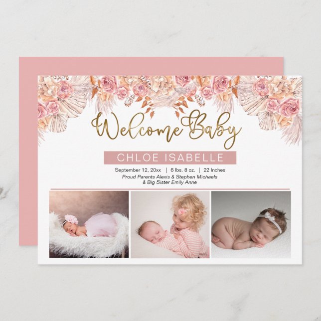 Boho Girl 3 Foto Pampas Grass | Rose Blumengeburt Ankündigung (Vorne/Hinten)