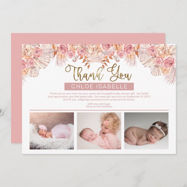 Boho Girl 3 Foto Pampas Grass | Rose Floral Dankeskarte (Vorne/Hinten)