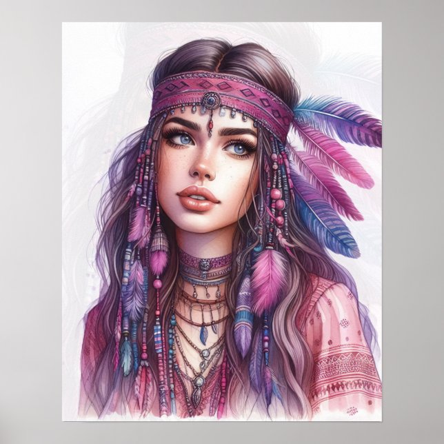 Boho Girl AI Kunst Boheme Mode Poster (Vorne)