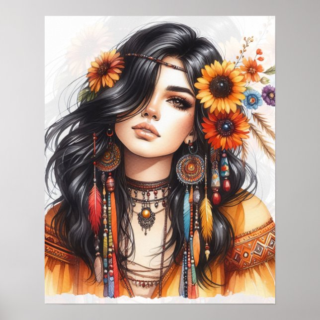 Boho Girl AI Kunst Boheme Mode Poster (Vorne)