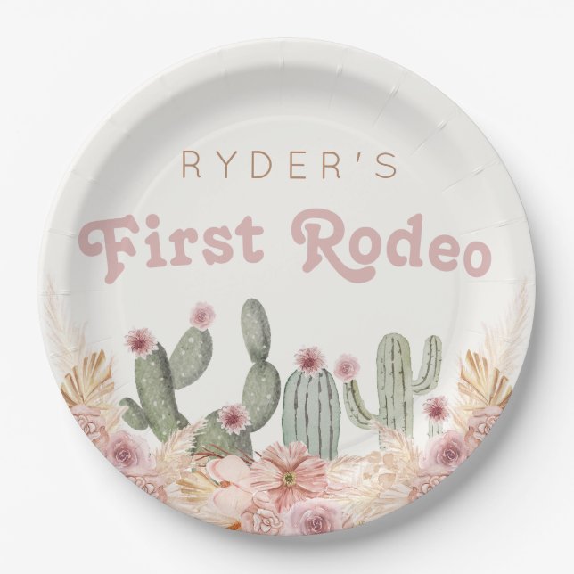 Boho Girls First Rodeo Cowgirl Birthday Pappteller (Vorderseite)