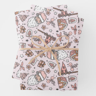Boho Girly Pink Weihnachtsdoodles Geschenkpapier Set