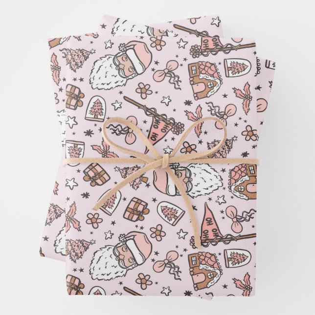 Boho Girly Pink Weihnachtsdoodles Geschenkpapier Set (Beispiel)