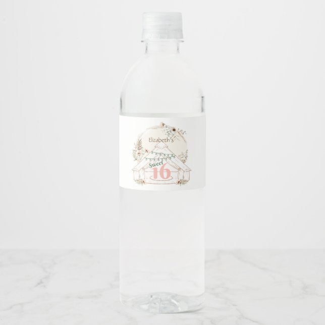 Boho Glamping Sweet 16 Birthday Water Flasche Etik Wasserflaschenetikett (Vorderseite)