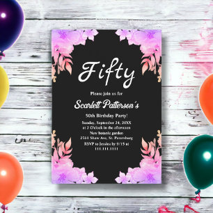 Boho Glow Neon Colors Black Floral 50. Geburtstag Einladung
