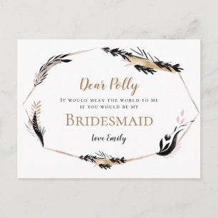 Boho Gold Black Feathery Blätter Bridesmaid Anfrag Postkarte