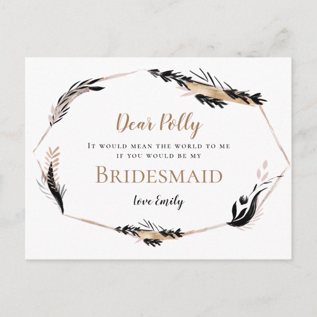 Boho Gold Black Feathery Blätter Bridesmaid Anfrag Postkarte (Vorderseite)