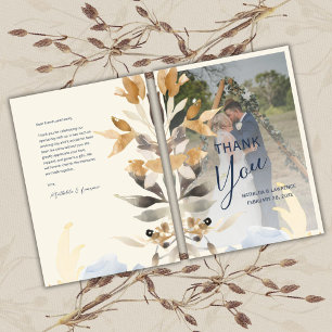 Boho Gold Blue Foliage Winter Wedding Foto Dankeskarte