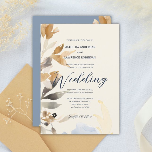 Boho Gold Dusty Blue Winter Floral Wedding Einladung (Boho Gold Dusty Blue Winter Floral Wedding Invitation)