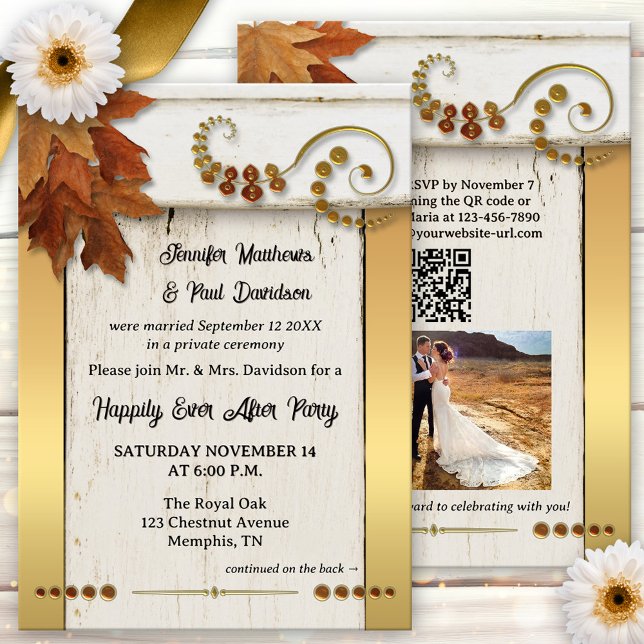 Boho Gold Fall Leaves Happily Ever After Einladung (Boho chic happily ever after wedding party invitation featuring a rustic design with fall leaves)