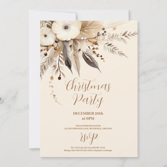 Boho Gold Floral Christmas Party Einladung (Vorderseite)