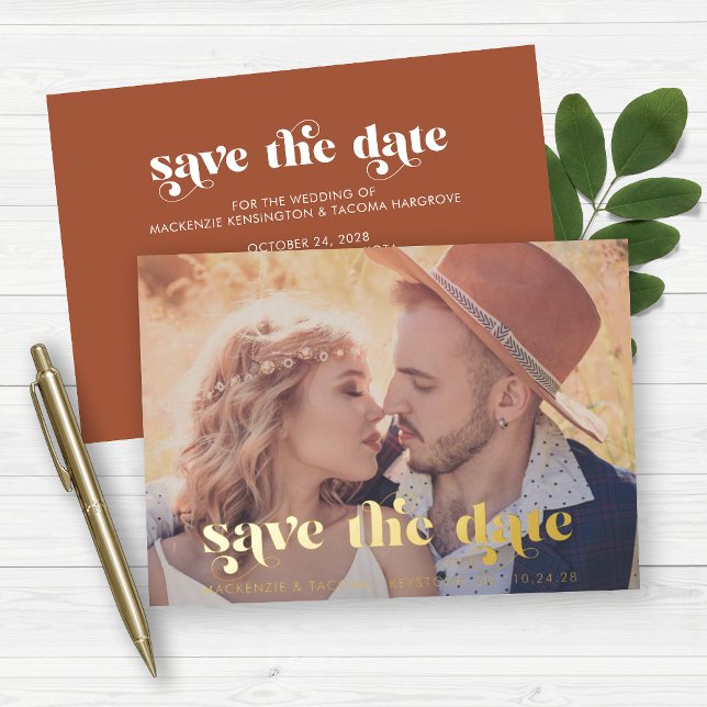 Boho Gold Foil Typografy Foto Save the Date Folieneinladung (Von Creator hochgeladen)
