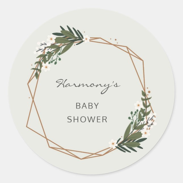 Boho Gold Geometric Greenery Elegant Baby Shower Runder Aufkleber (Vorderseite)