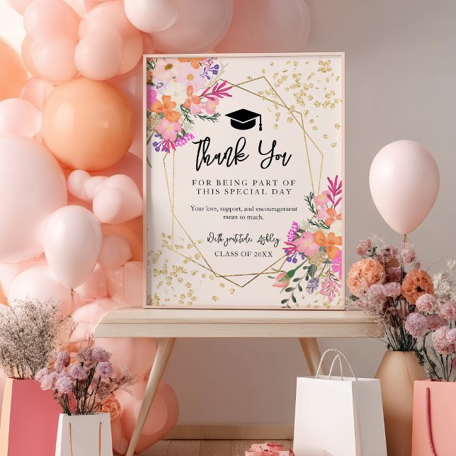 Boho Gold Glitzer Floral Pink Abschluss Vielen Dan Poster (Boho Gold Glitter Floral Pink Graduation Thank You Poster)