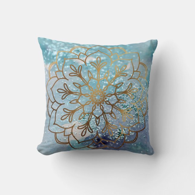Boho Gold Mandala Muster Aquamarine Aquarellfarbe  Kissen (Vorderseite)