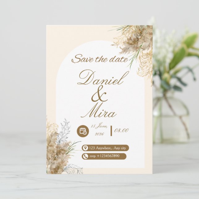 Boho Gold Pampas Bogen voll editierbare Hochzeit  Einladung (Stehend Vorderseite)