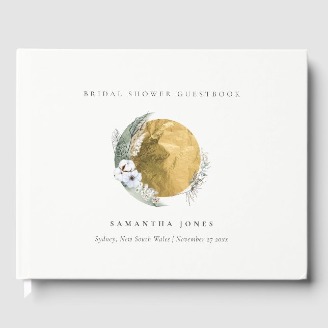 Boho Gold Saga Green Floral Wreath Brautparty Gästebuch (Vorderseite)