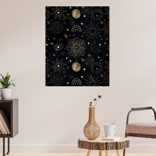 Boho Gold Space doodles Black Design Poster (Wohnzimmer 3)