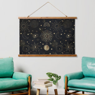 Boho Gold Space doodles Black Design Wandteppich Mit Holzrahmen