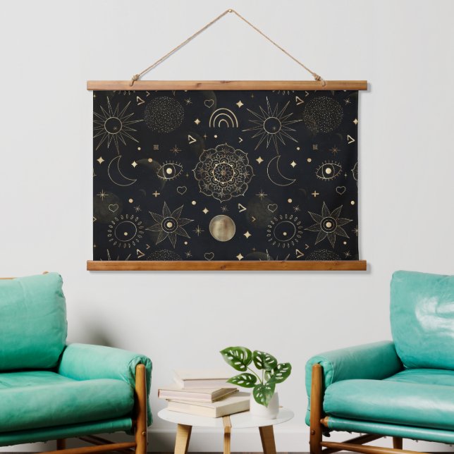 Boho Gold Space doodles Black Design Wandteppich Mit Holzrahmen (Wohnzimmer)