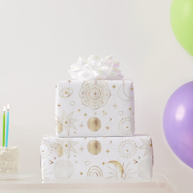 Boho Gold Space doodles White Design Geschenkpapier (Partygeschenke)