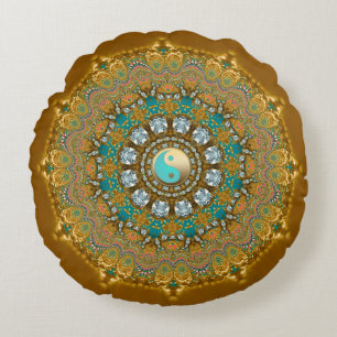 Boho Gold Türkis Yin Yang Juwel Mandala Rundes Kissen