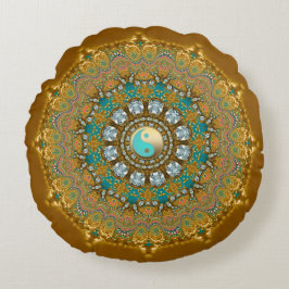 Boho Gold Turquoise Yin Yang Jewel Mandala Rundes Kissen