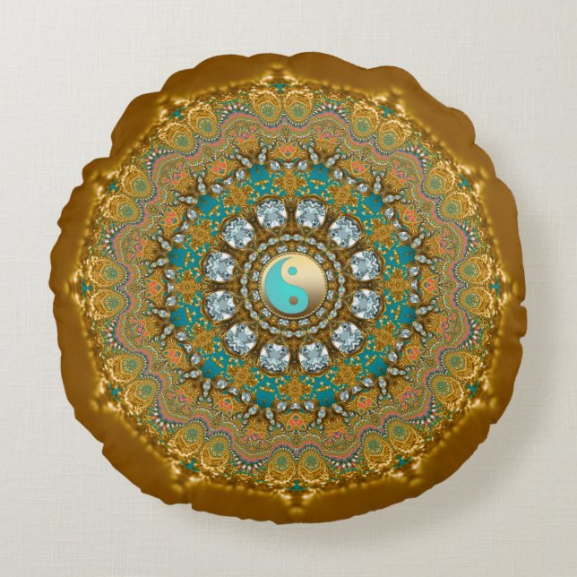 Boho Gold Turquoise Yin Yang Jewel Mandala Rundes Kissen (Vorderseite)