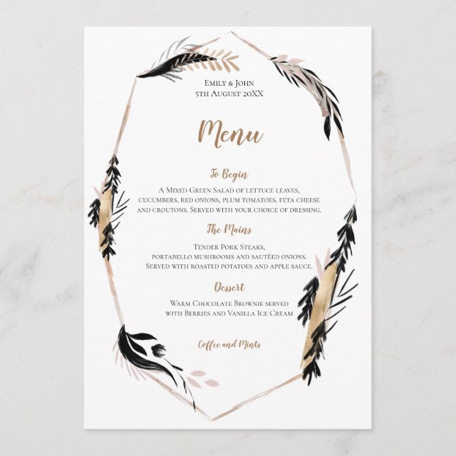 Boho Gold und Black Feather Blätter Rahmen Wedding Menükarte (Vorderseite)