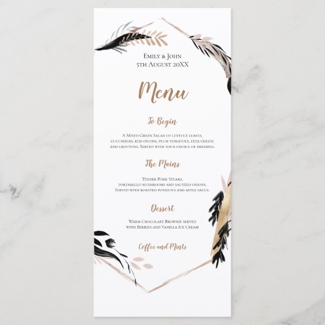 Boho Gold und Black Feather Blätter Rahmen Wedding Menükarte (Vorderseite)