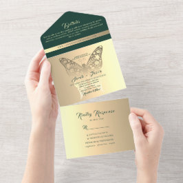 Boho Gold und Emerald Green Wedding All In One Einladung