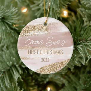 Boho Gold Watercolor Baby Girl's First Christmas Keramik Ornament
