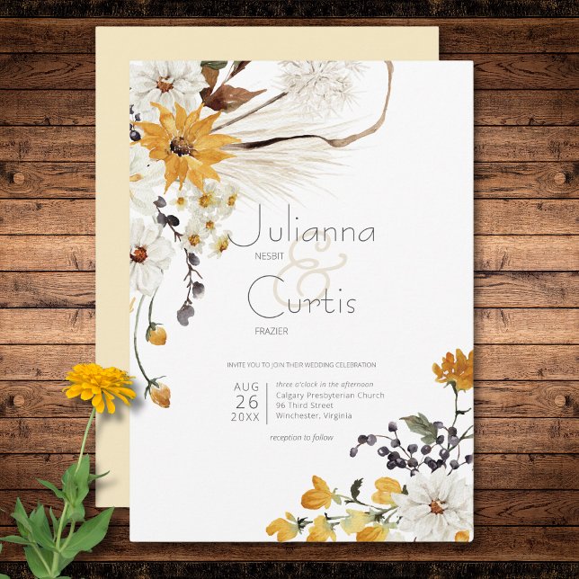 Boho Golden Yellow Meadow Blume Gelbe Hochzeit Einladung (Boho Golden Yellow Meadow Flowers Yellow Wedding Invitation)