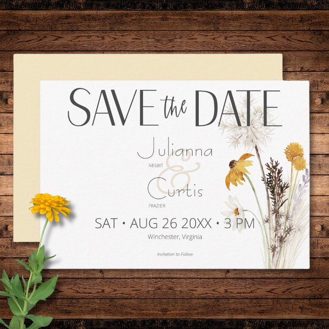 Boho Golden Yellow Meadow Blume Gelbe Hochzeit Save The Date (Boho Golden Yellow Meadow Flowers Yellow Wedding Save The Date)