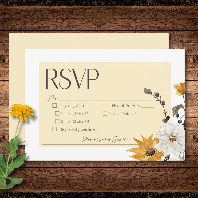 Boho Golden Yellow Meadow Blume Gelbes Abendessen RSVP Karte (Boho Golden Yellow Meadow Flowers Yellow Dinner RSVP Card)
