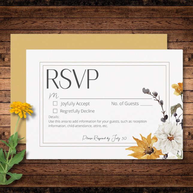 Boho Golden Yellow Meadow Blume Gold No Dinner RSVP Karte (Boho Golden Yellow Meadow Flower Gold No Dinner RSVP Card)