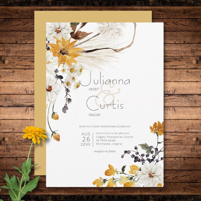 Boho Golden Yellow Meadow Blume Gold Wedding Einladung (Boho Golden Yellow Meadow Flowers Gold Wedding Invitation)