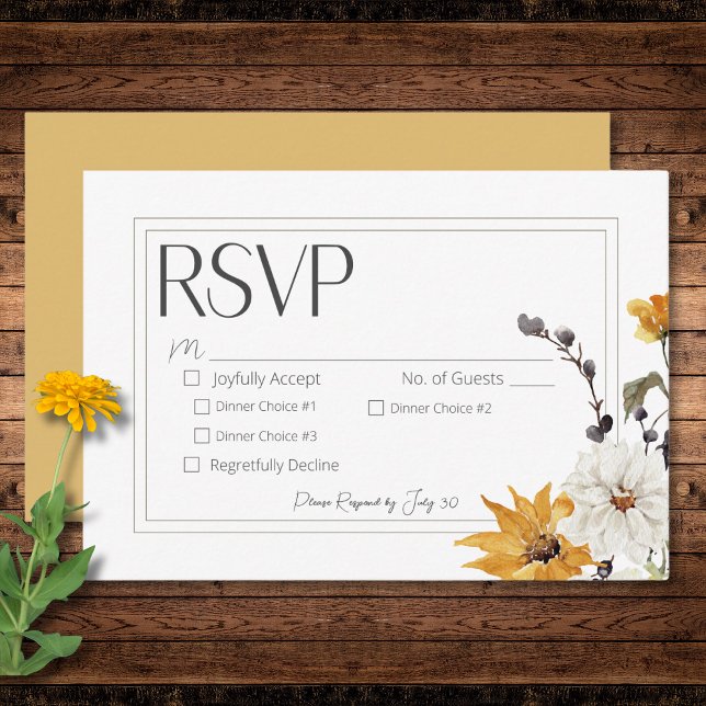Boho Golden Yellow Meadow Blume Goldenes Abendesse RSVP Karte (Boho Golden Yellow Meadow Flowers Gold Dinner RSVP Card)