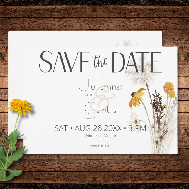 Boho Golden Yellow Meadow Blume Hochzeit Save The Date (Boho Golden Yellow Meadow Flowers Yellow RSVP Card)
