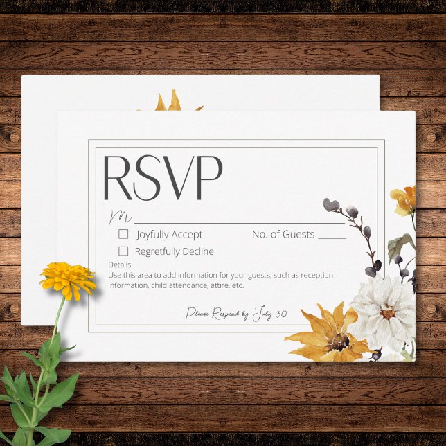 Boho Golden Yellow Meadow Blume Weiß Kein Abendess RSVP Karte (Boho Golden Yellow Meadow Flower White No Dinner RSVP Card)