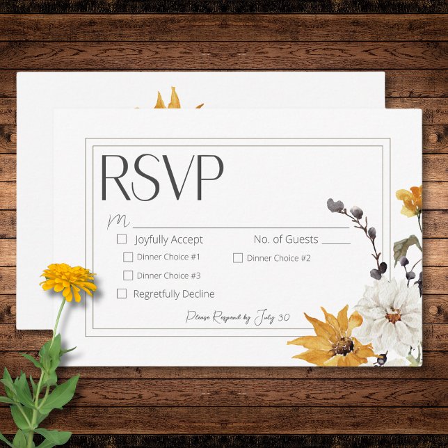 Boho Golden Yellow Meadow Blume Weißes Abendessen RSVP Karte (Boho Golden Yellow Meadow Flowers White Dinner RSVP Card)