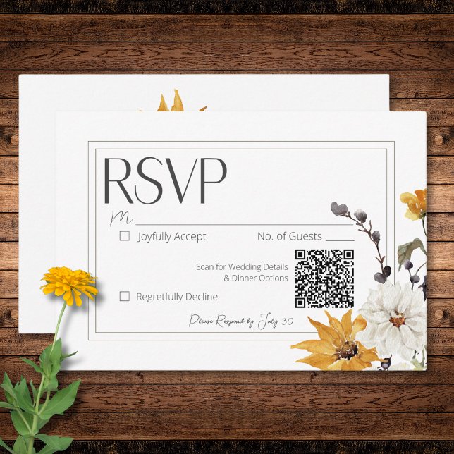 Boho Golden Yellow Meadow Blume White QR Code RSVP Karte (Boho Golden Yellow Meadow Flowers White QR Code RSVP Card)