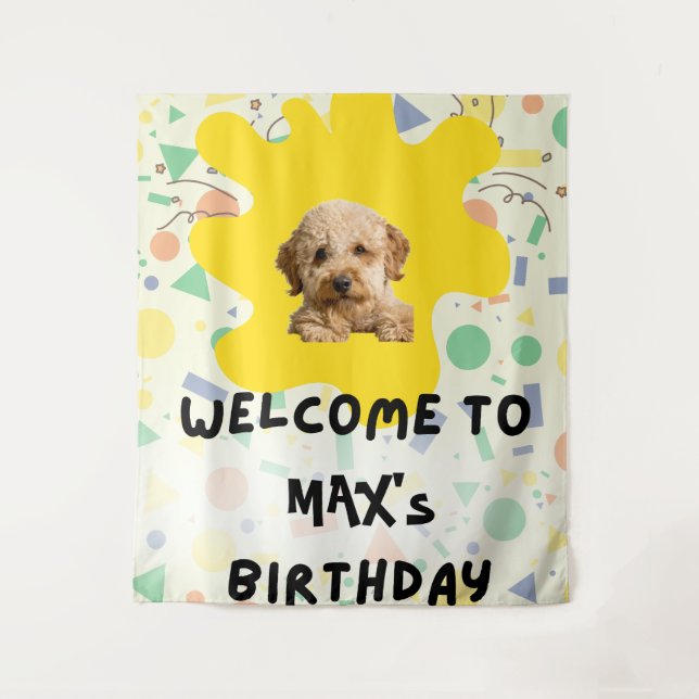 Boho Goldendoodle Erstes Geburtstags Willkommenssc Wandteppich (Vorderseite)