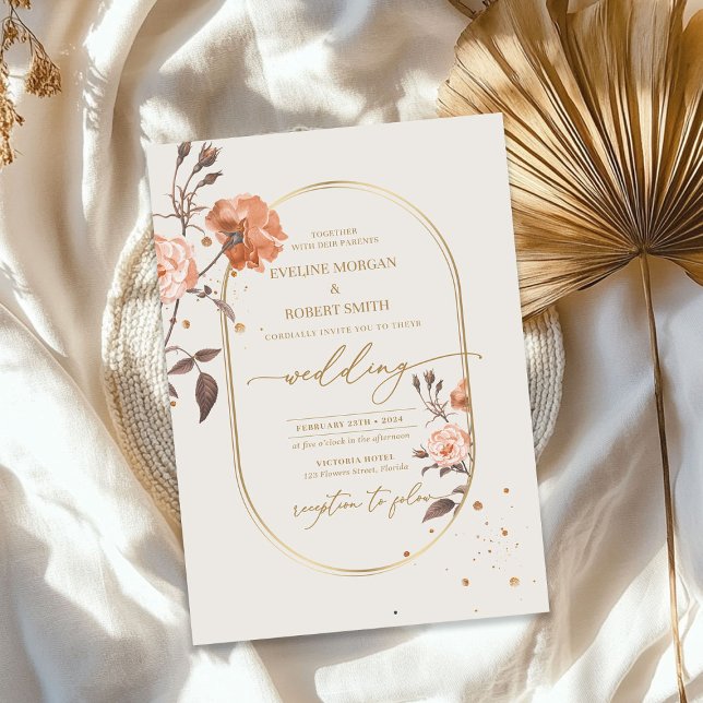Boho goldfarbene Aquarellfarben Rose Brauntöne Blä Einladung (Boho gold arch watercolor rose brown hues leaves invitation)