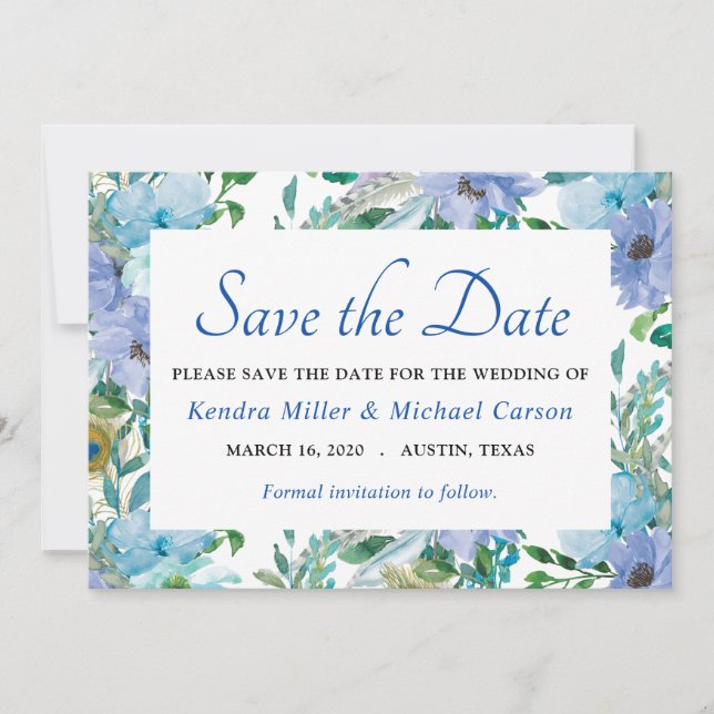 Boho Gorgeous Sapphire Blue Floral Save the Date (Vorderseite)